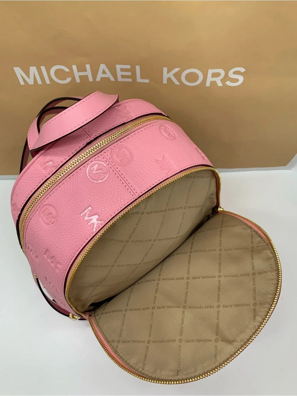 Michael Kors Rhea Carnation Medium Leather Backpack with Gold Hardware